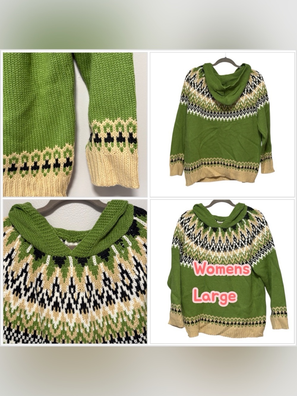 Women's Large Olive Green Fair Isle Hooded Knit Sweater Pullover Cozy